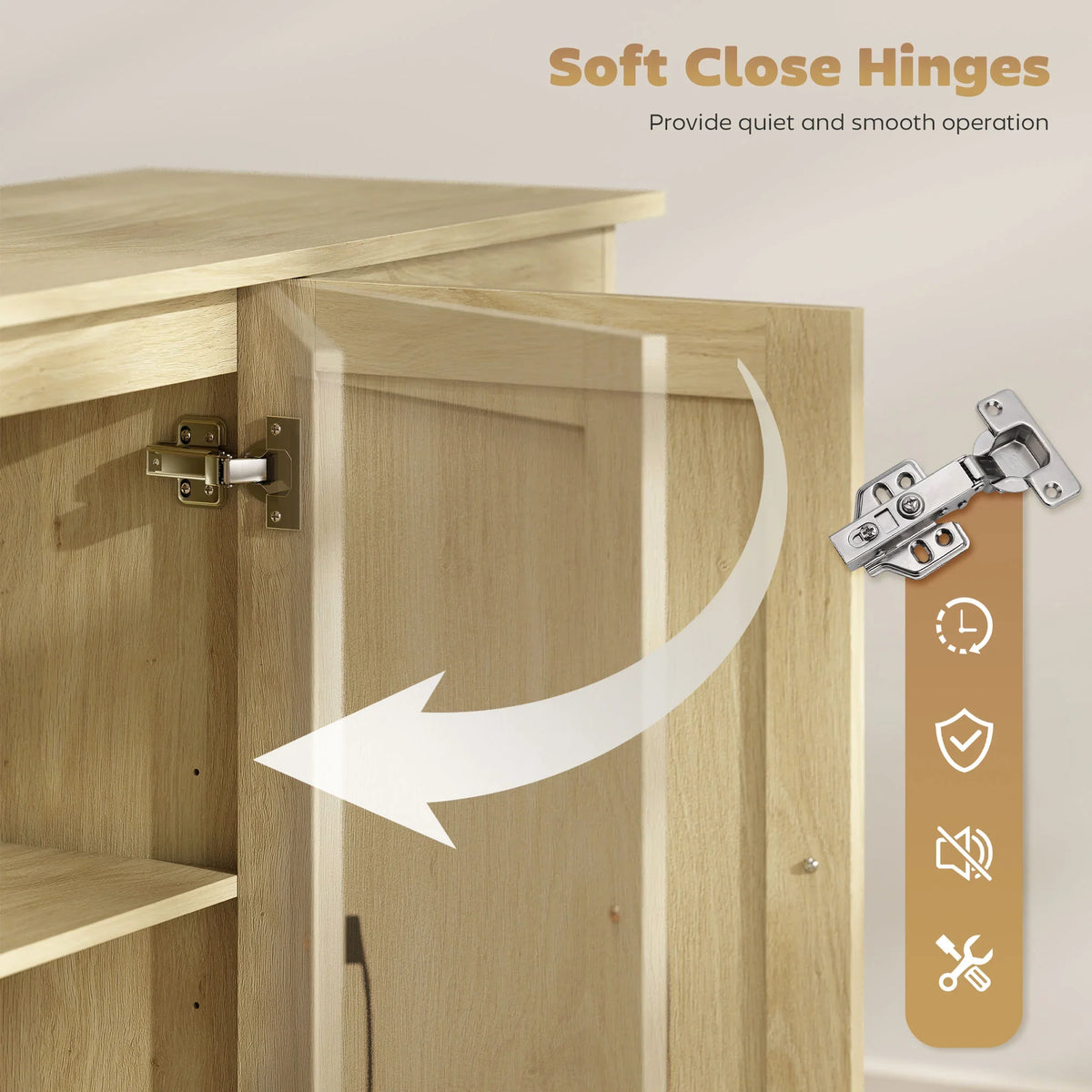 Natural wood sideboard door hardware with soft-close hinge mechanism.