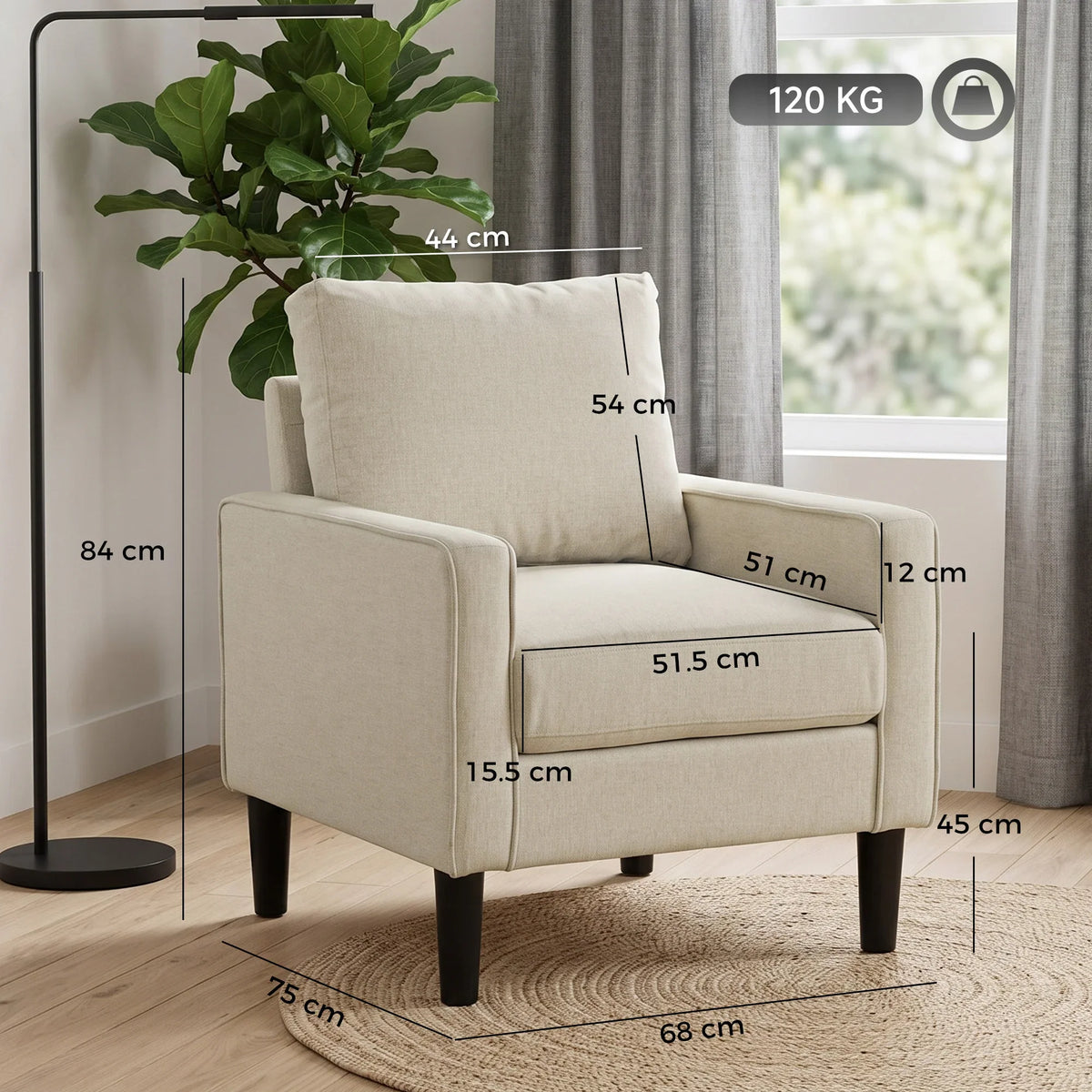 Cream upholstered accent chair with removable back pillow and dark tapered legs