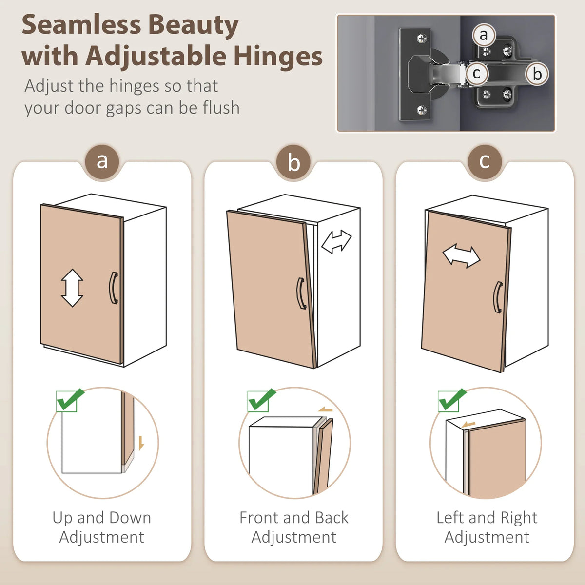 Grey cabinet door hinges with adjustment arrows on a grey door panel