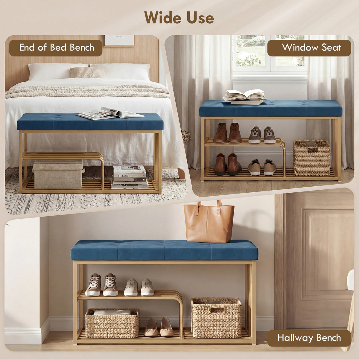 Blue tufted shoe storage bench with gold-tone frame and two-tier open shoe rack