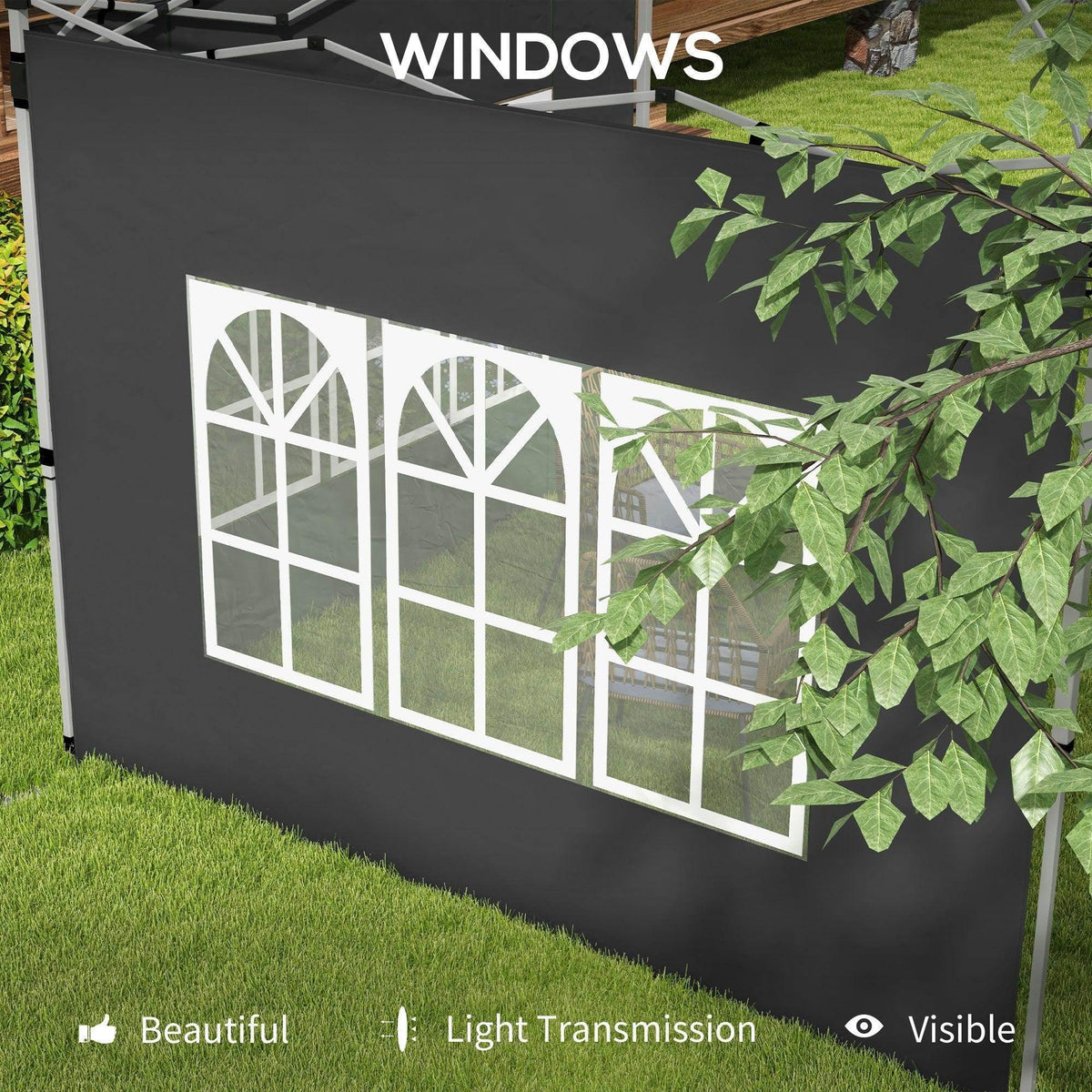 Black gazebo side panel with large white arched window design