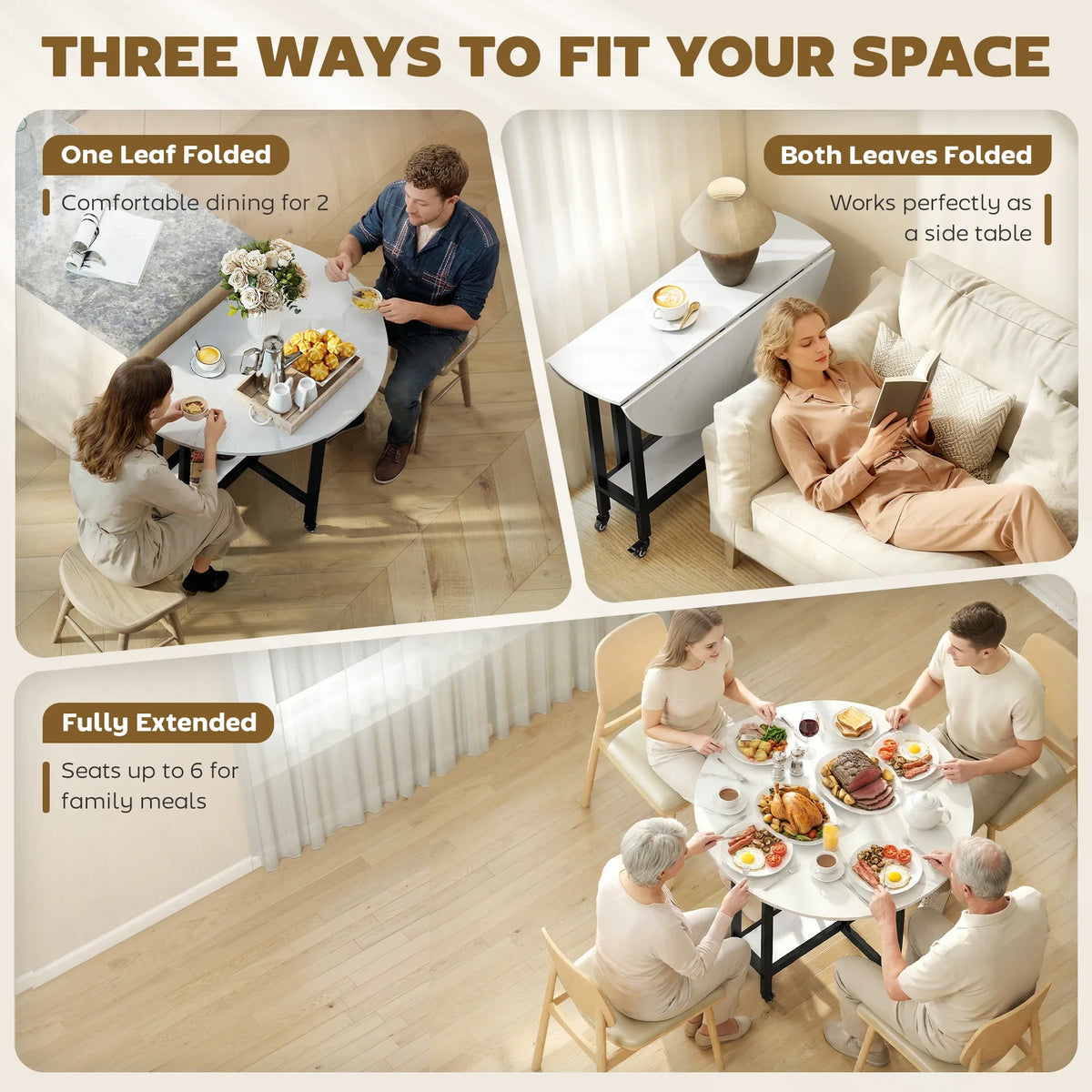 Round folding dining table with drop-leaf design shown in folded and extended positions