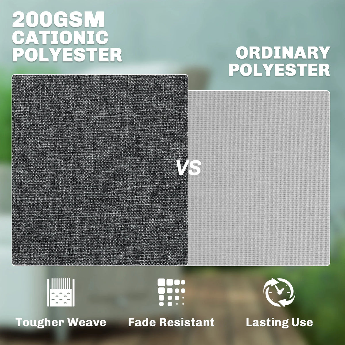 Dark grey woven cushion fabric sample with comparison panel for polyester upholstery