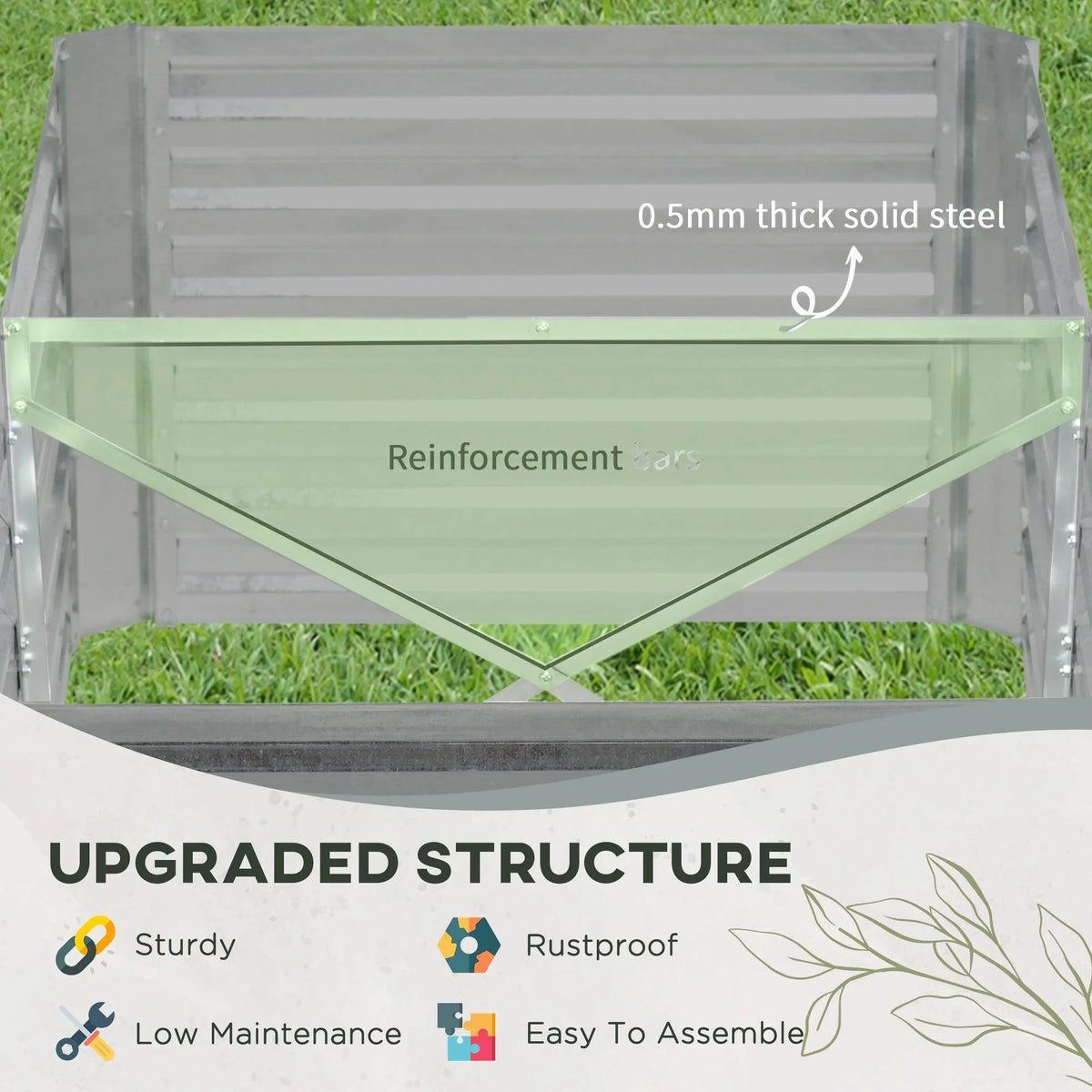 Light grey steel raised bed base with diagonal reinforcement rods and thick panel sides