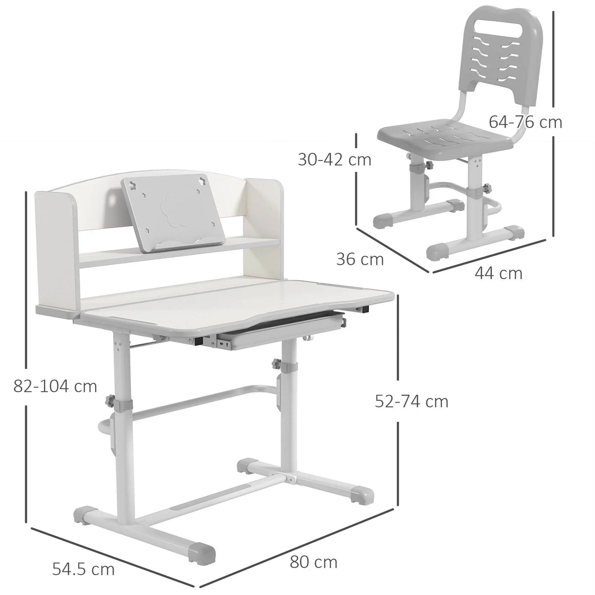 Grey height-adjustable kids study chair with dimension diagram and footrest