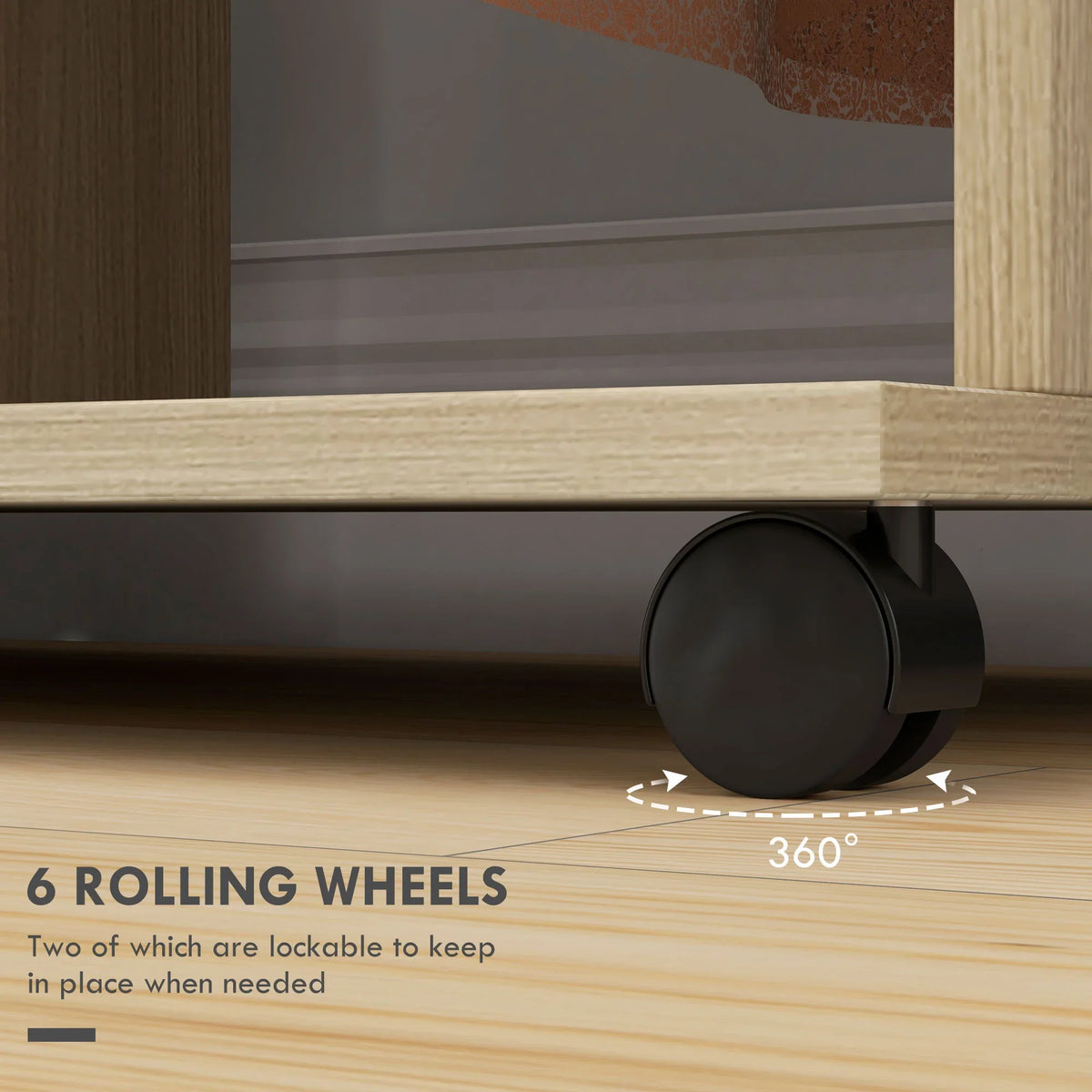 Bottom wheel and caster under open wardrobe unit, glides smoothly on flooring