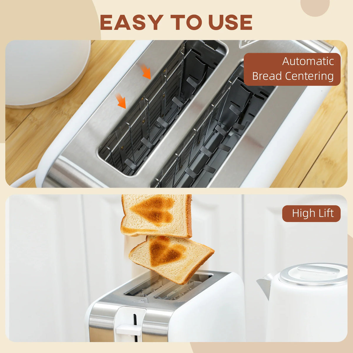 Automatic bread centering toaster with high-lift lever, with white kettle beside it