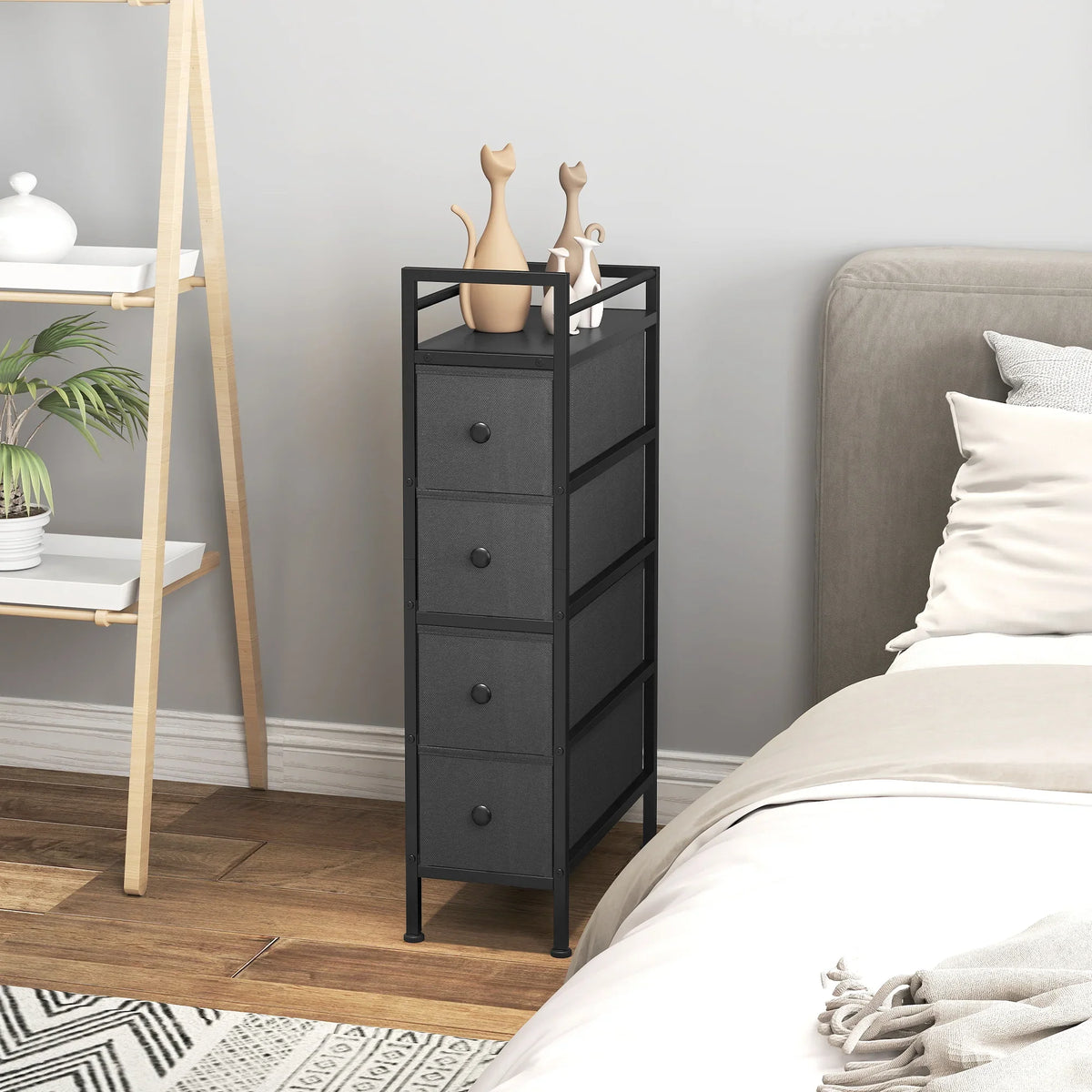 Slim fabric dresser chest with four black drawers and steel frame