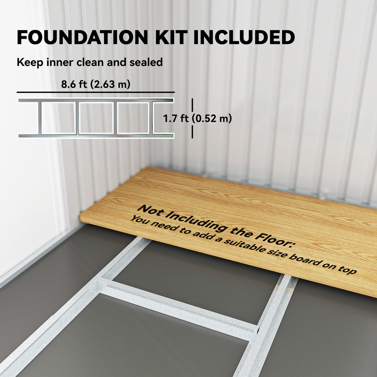 Metal shed foundation base with floor platform frame and wood floor board