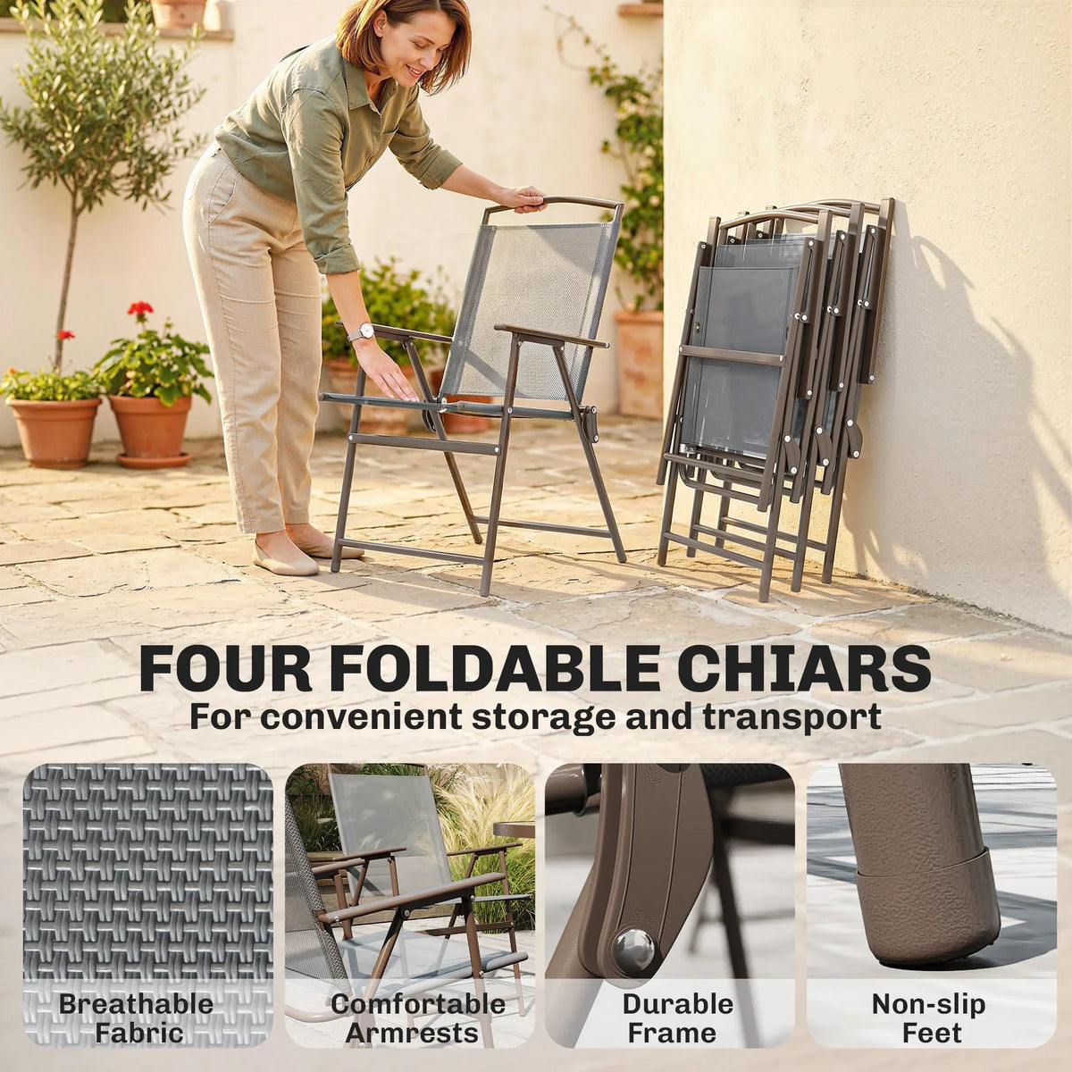 4 folding chairs with breathable fabric, comfortable armrests, durable frame, and non-slip feet
