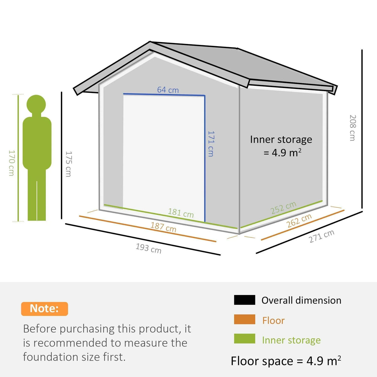 Green metal garden shed diagram with sloped roof, labeled dimensions and inner storage