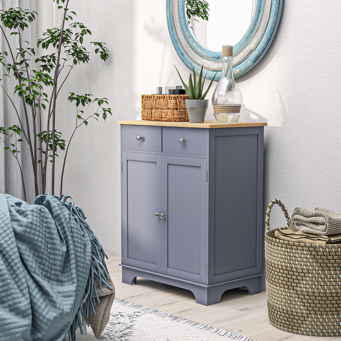 HOMCOM Side Storage Sideboard Table Kitchen Floor Cabinet With Solid Wood Top Drawer And Adjustable Shelf Grey
