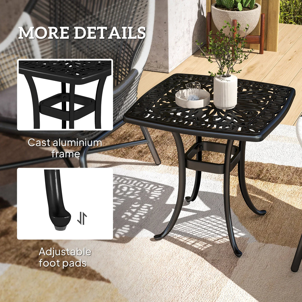 Black cast aluminum square end table with umbrella hole and adjustable foot pads