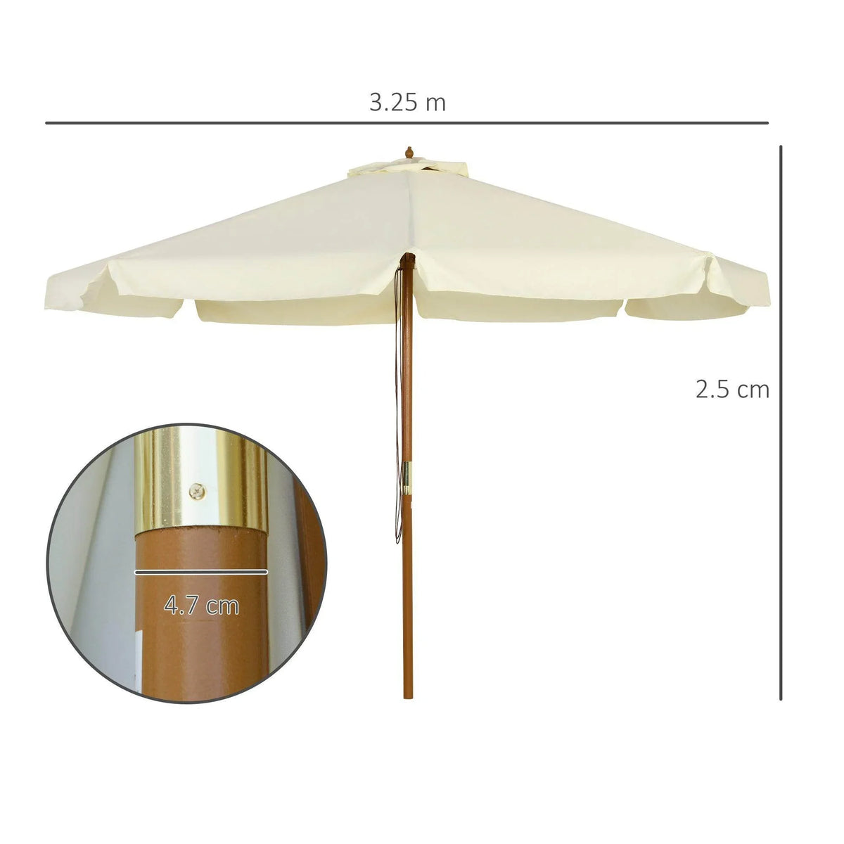 Beige patio umbrella canopy with wooden pole and ruffled edges, shown with measurements.
