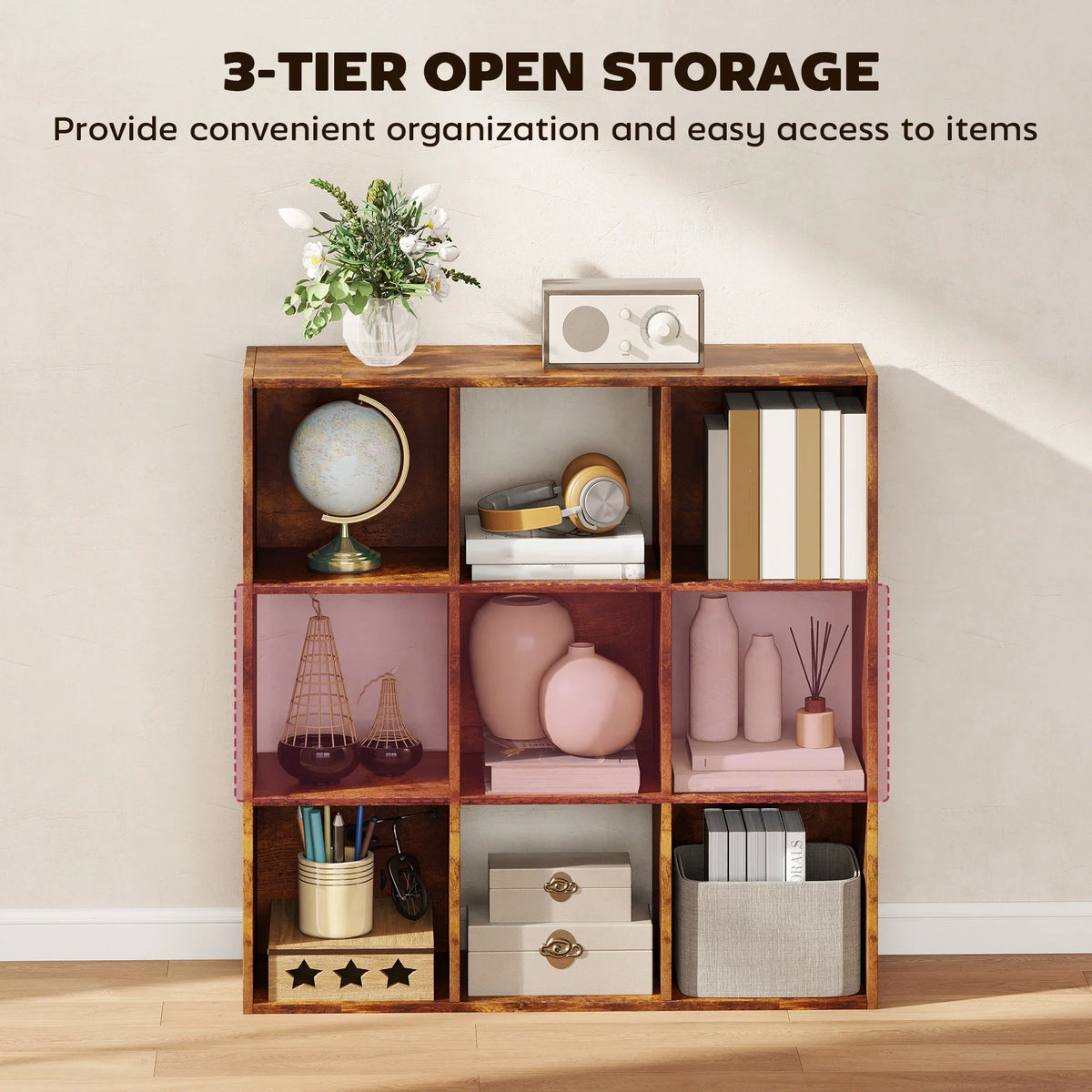 Rustic brown 9-cube organizer bookcase with open shelves and storage bins