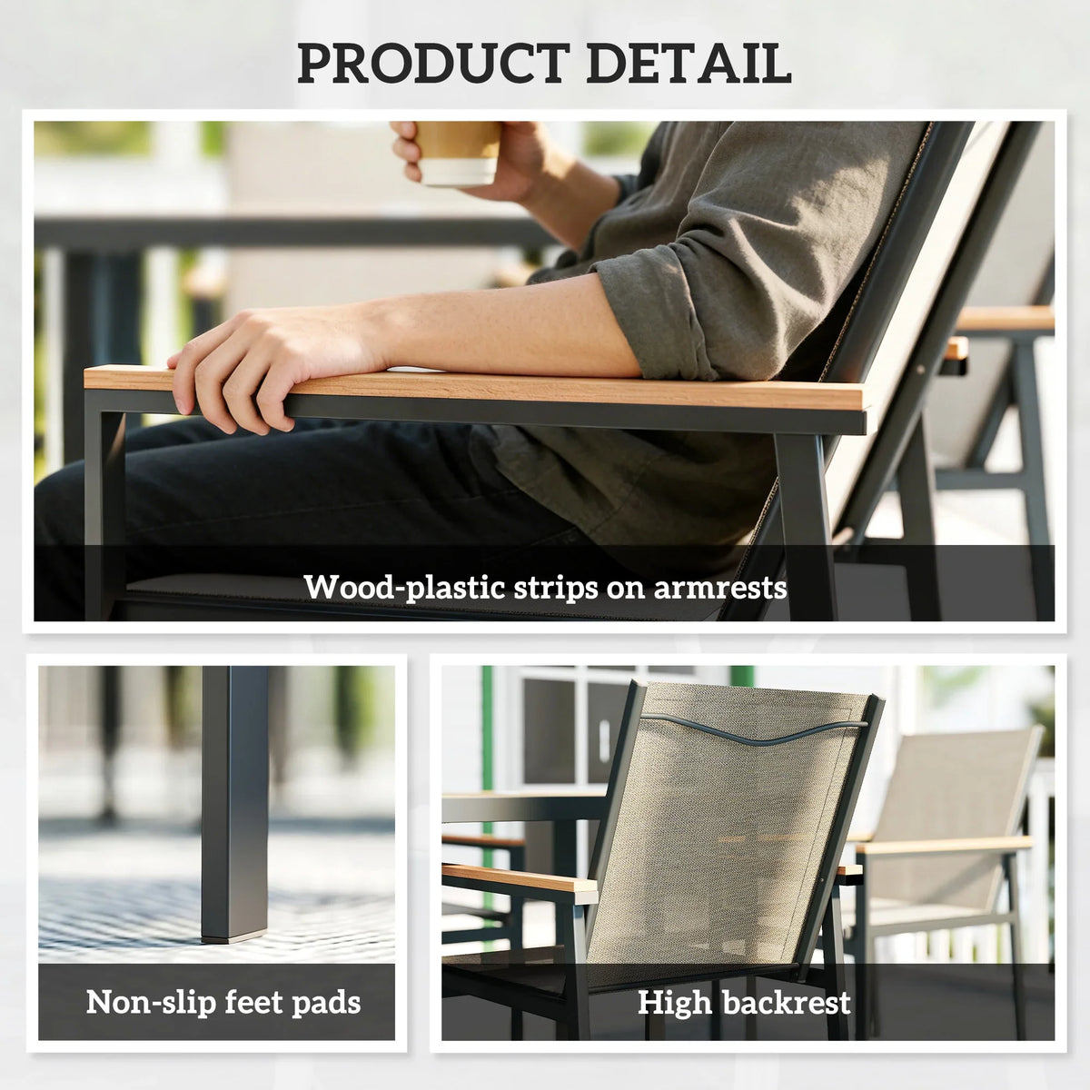 Outdoor dining chair detail: dark metal frame with wood-plastic armrest strips