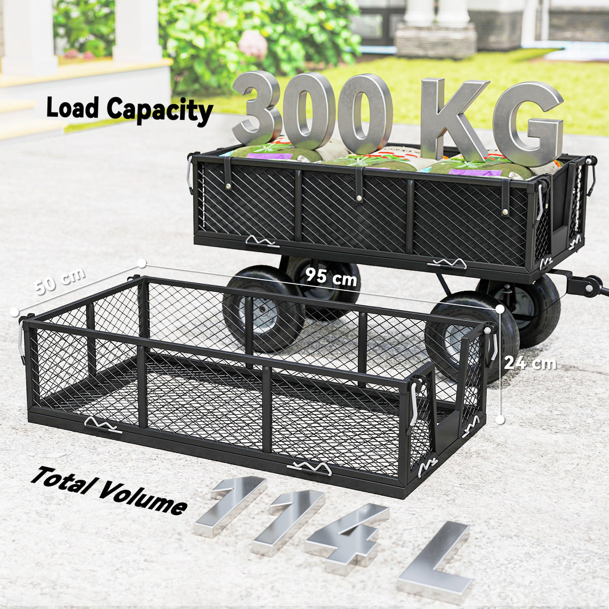 Black steel frame garden cart with large mesh base, side panels, and chunky pneumatic tires