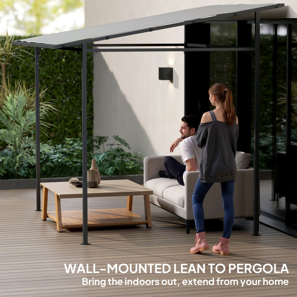 Lean-to wall pergola with light gray canopy providing covered outdoor seating space