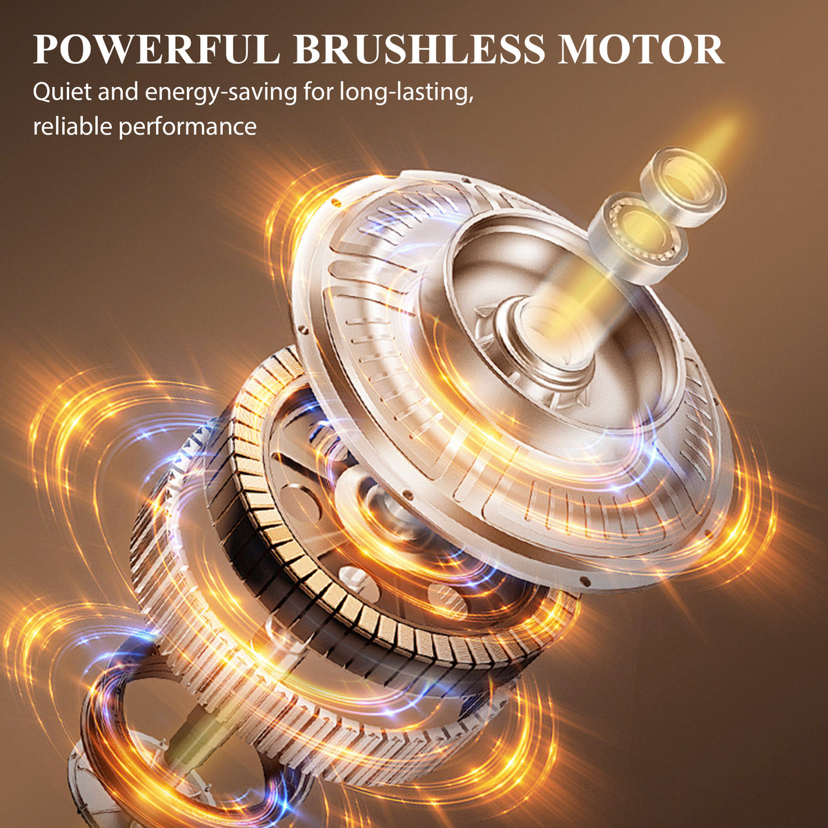 Brushless motor assembly for electric recliner, shown with glowing airflow effect