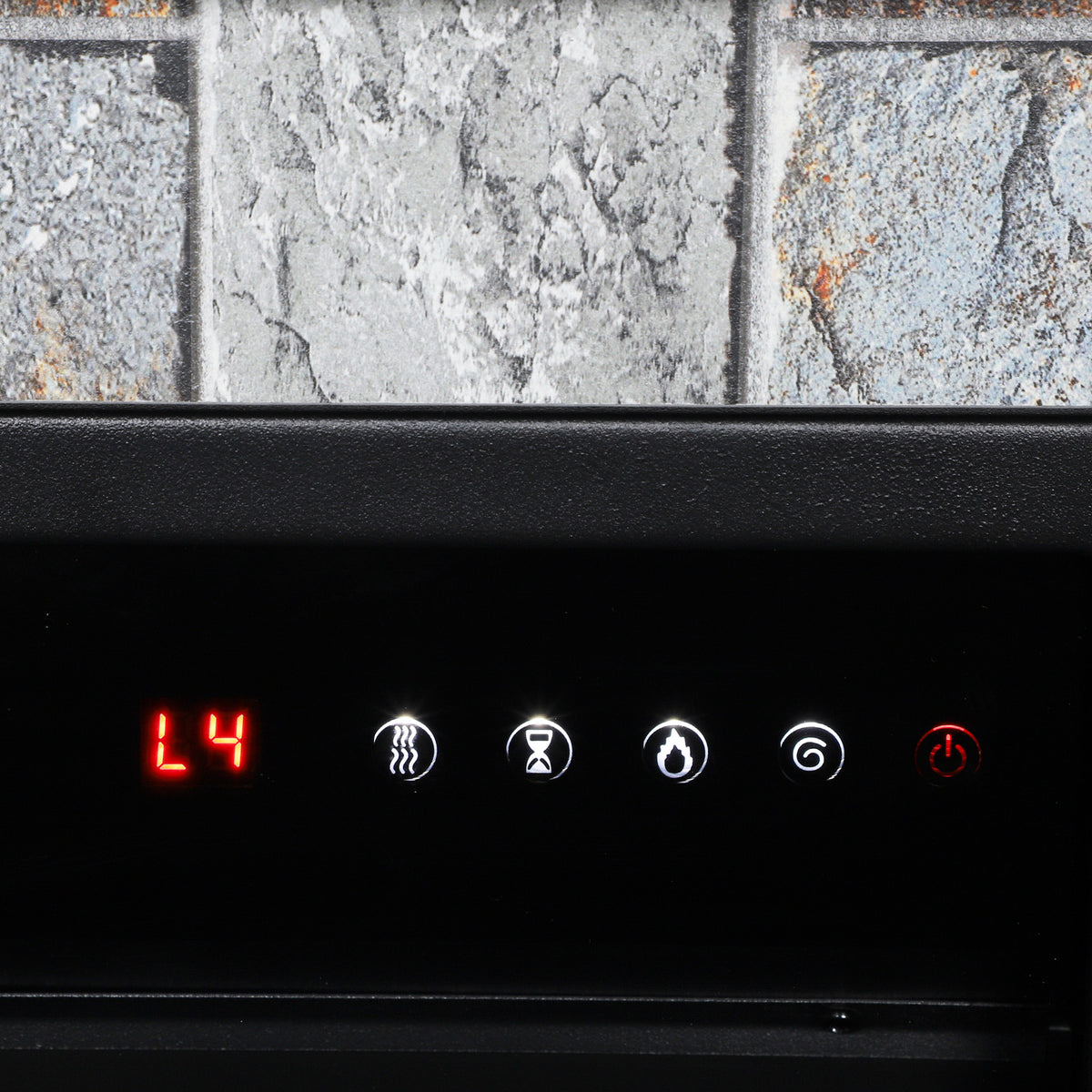 Black LED control panel with indicator lights on the electric fireplace TV stand.