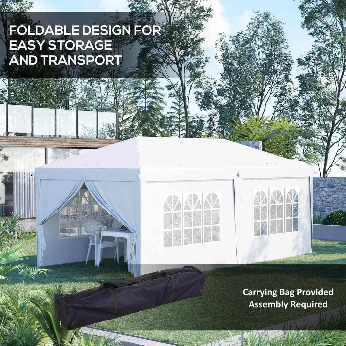 White pop-up gazebo party tent with side curtains and carrying bag on grass