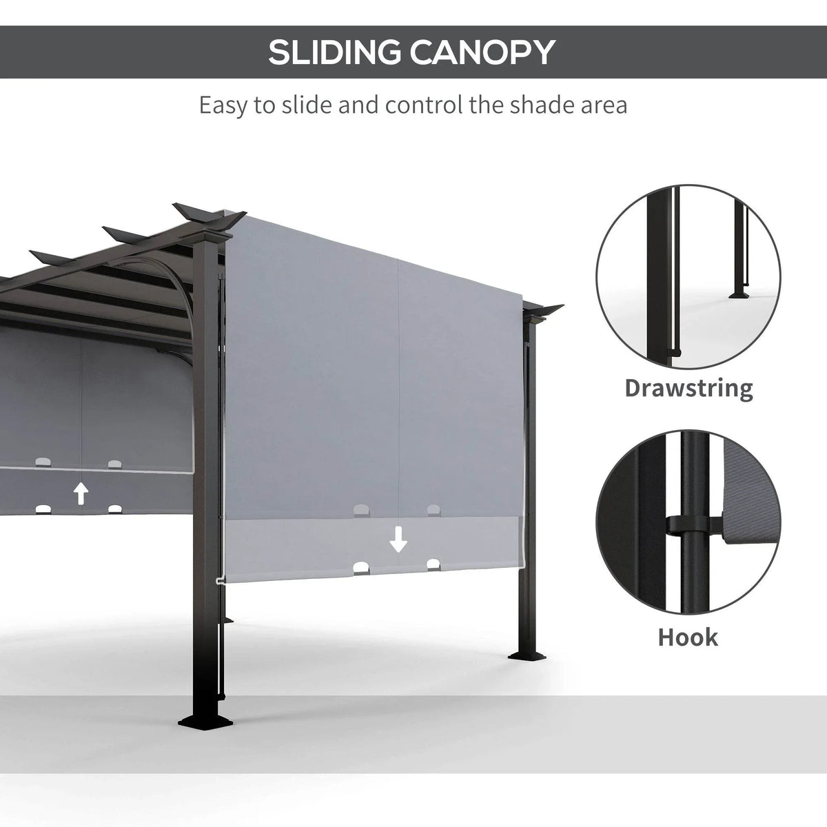 Grey sliding canopy pergola with drawstring and hook controls for the side panel