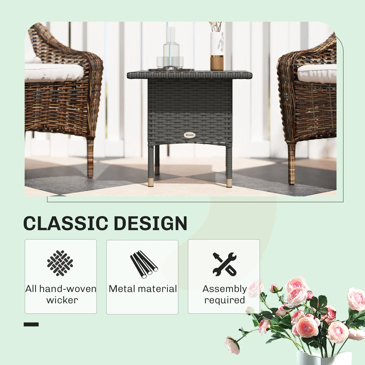Grey outdoor rattan side table with woven top, open apron, and four legs