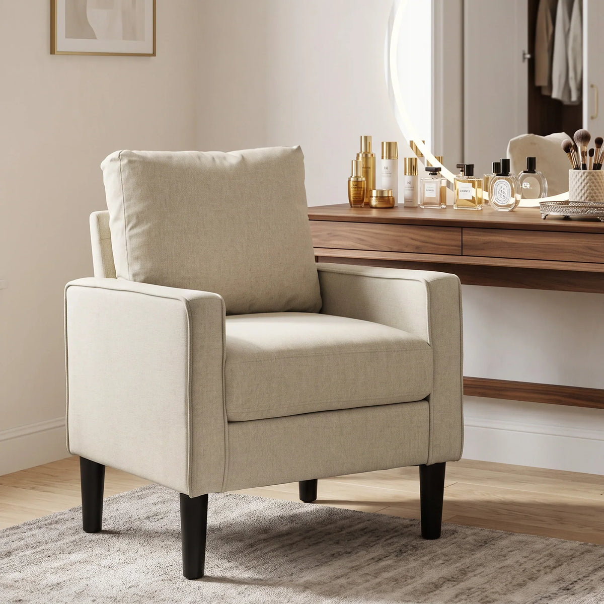 Cream linen accent chair with removable pillow and cushioned armrests
