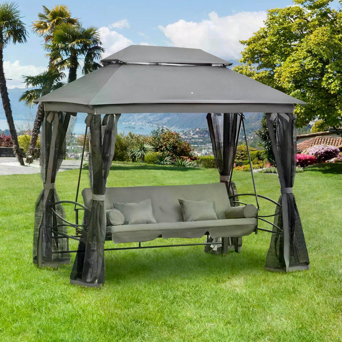 Grey 3-seater swing bed with canopy top, cushioned seat, and hanging mesh curtains