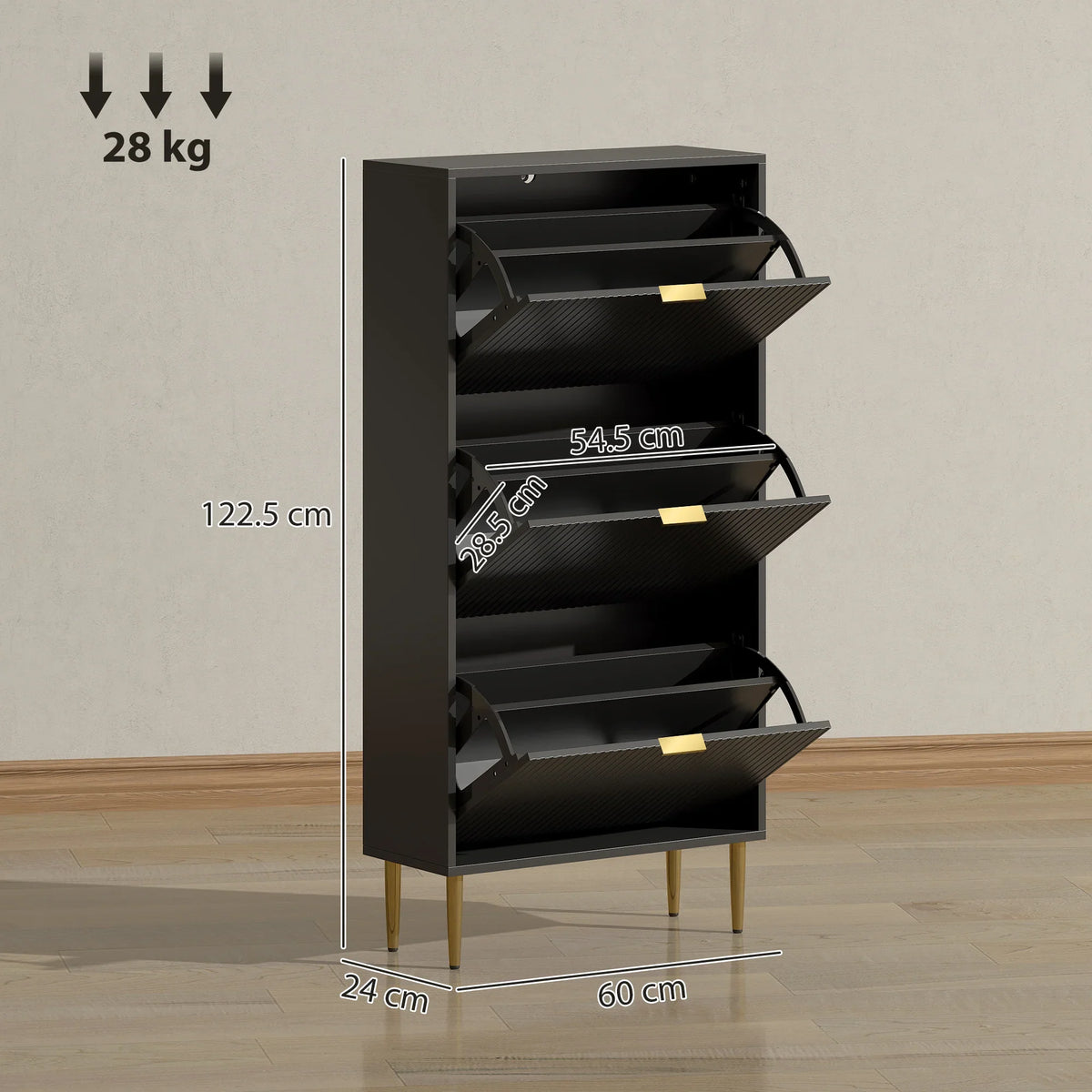 Black shoe cabinet with adjustable open shelves, front view and gold drawer pulls