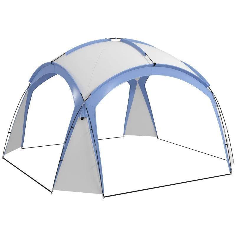 Light blue and white dome gazebo tent with front entrance and three open arch sections