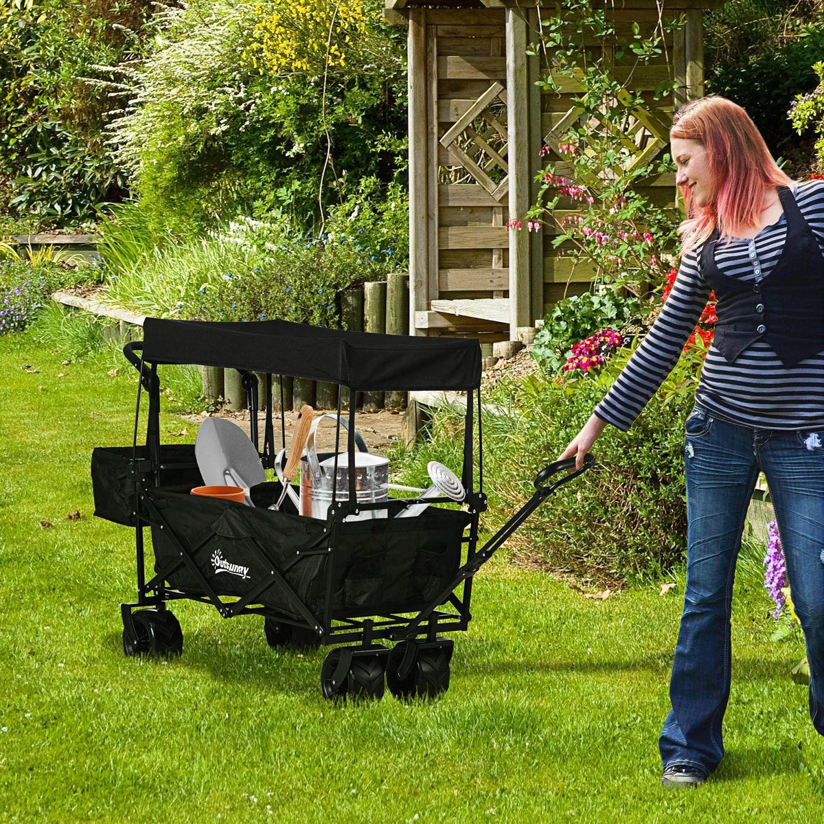 Black outdoor push pull wagon stroller cart with canopy and large all-terrain wheels