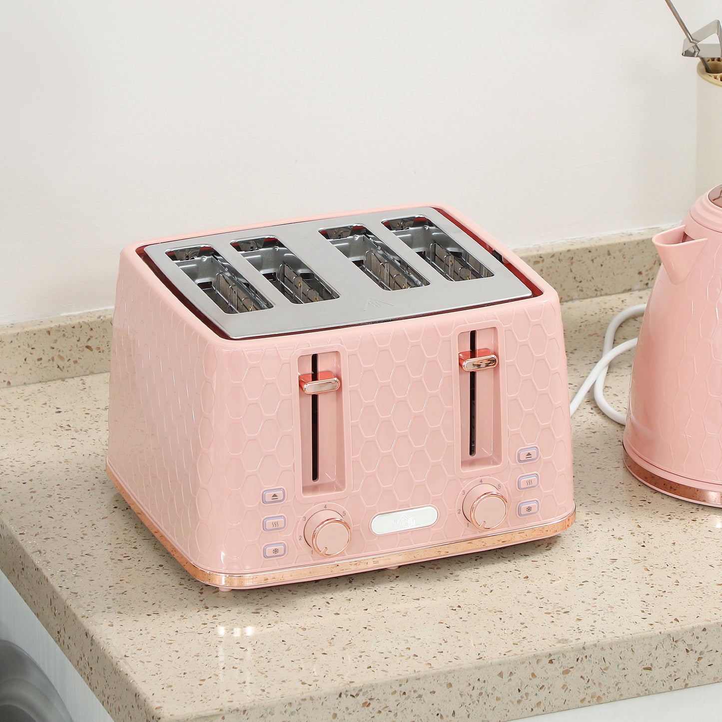HOMCOM Kettle and Toaster Set 1.7L 3000W Fast Boil Kettle 4 Slice Toaster Honeycomb Pattern Light Pink
