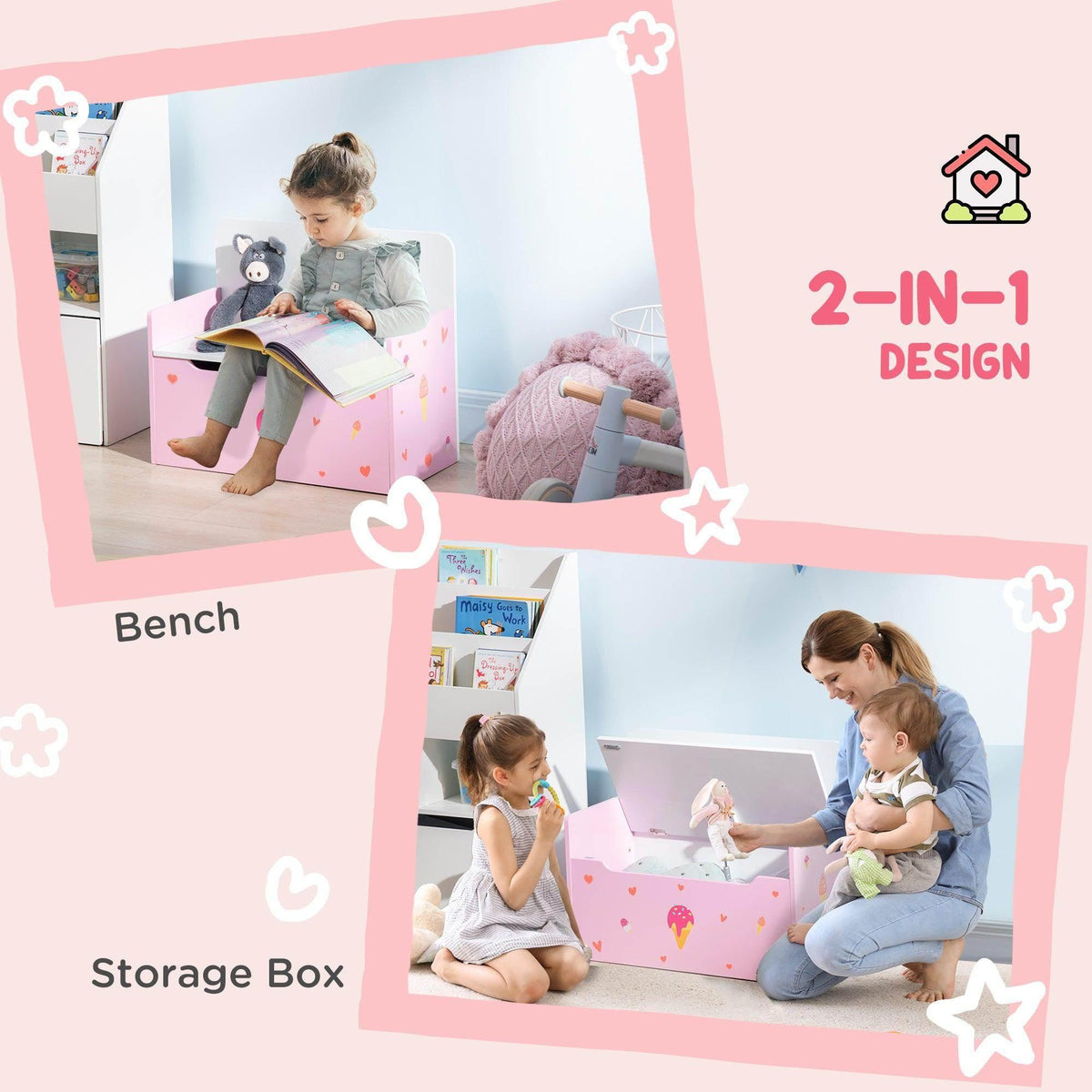 Pink kids toy storage bench with hinged seat and decorated front panels