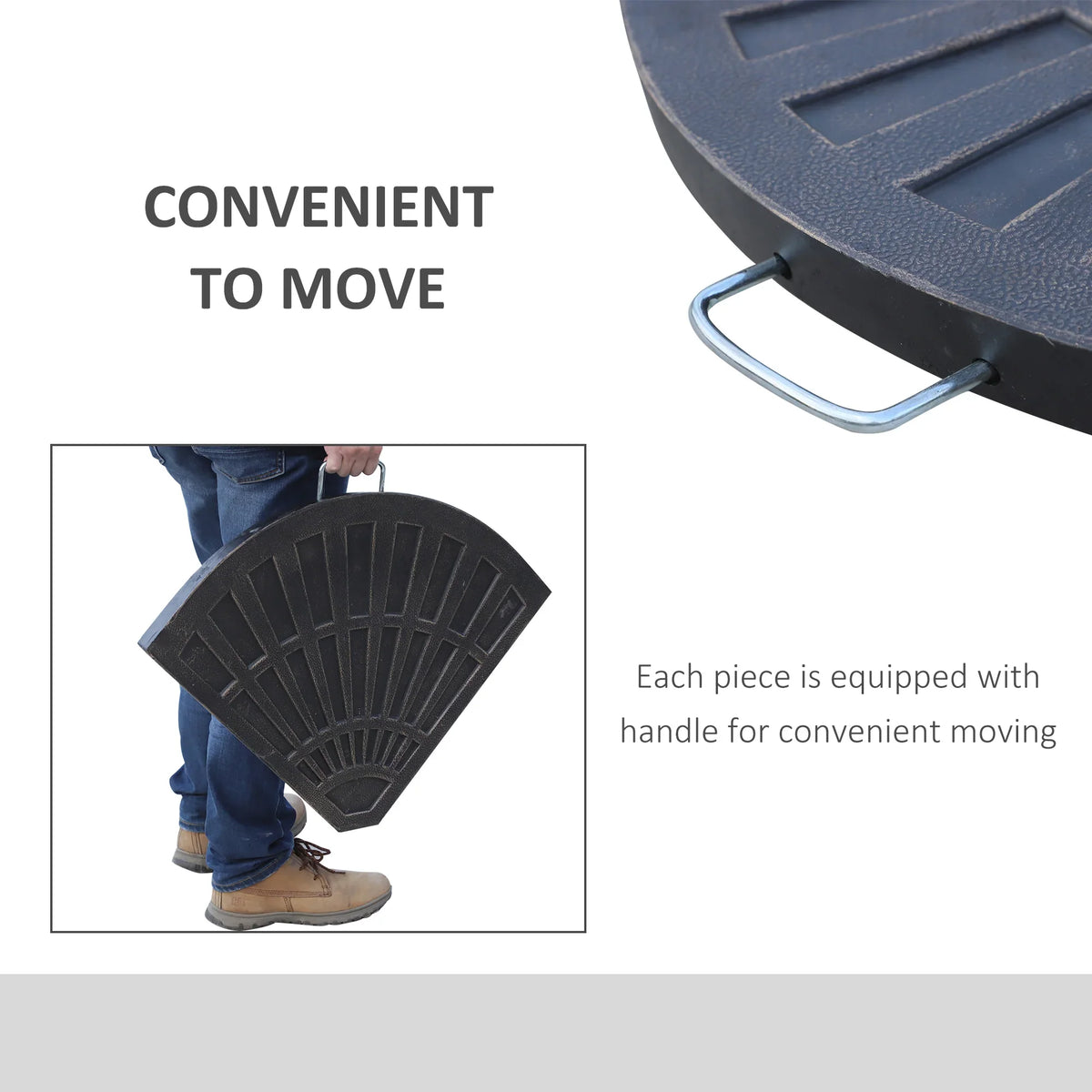 Dark blue resin umbrella stand weight with curved carry handle for moving
