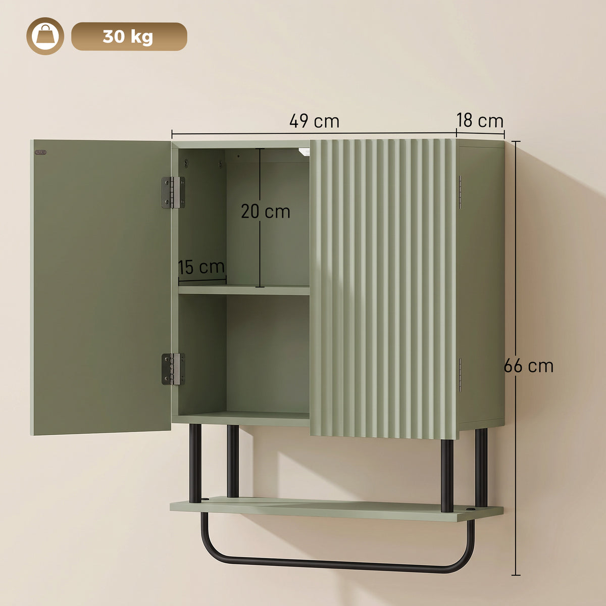 Green bathroom wall cabinet open view with shelves and curved towel bar, shown measures