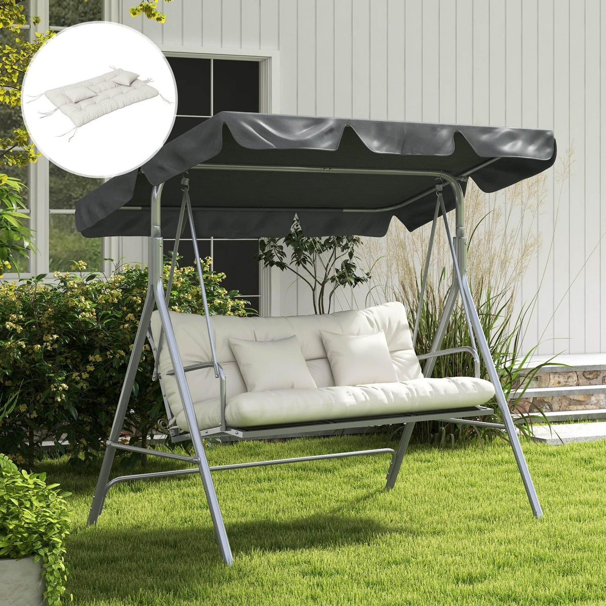 White cushion set on outdoor swing bench with canopy cover