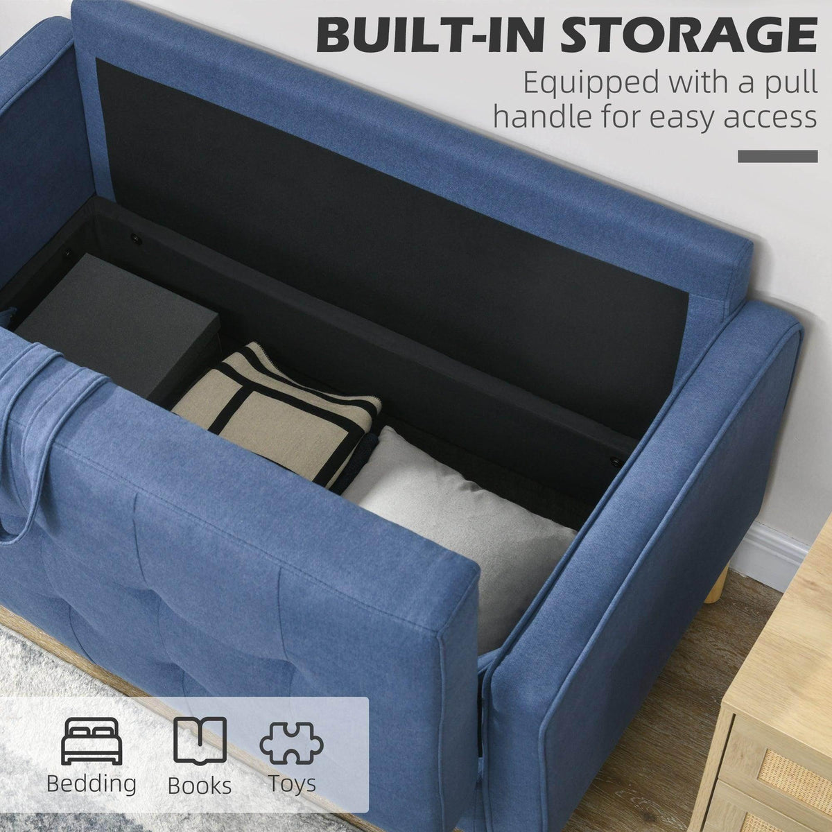 Blue loveseat sofa with lift-up seat showing built-in storage compartment