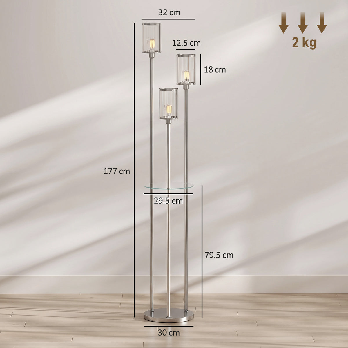Chrome crystal floor lamp with dual glass shelves shown with overall size measurements