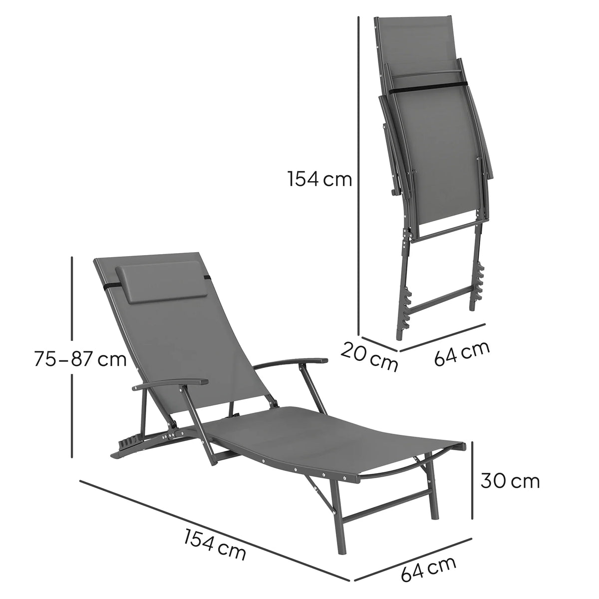 Grey adjustable back outdoor lounge chair with head pillow, folding steel frame