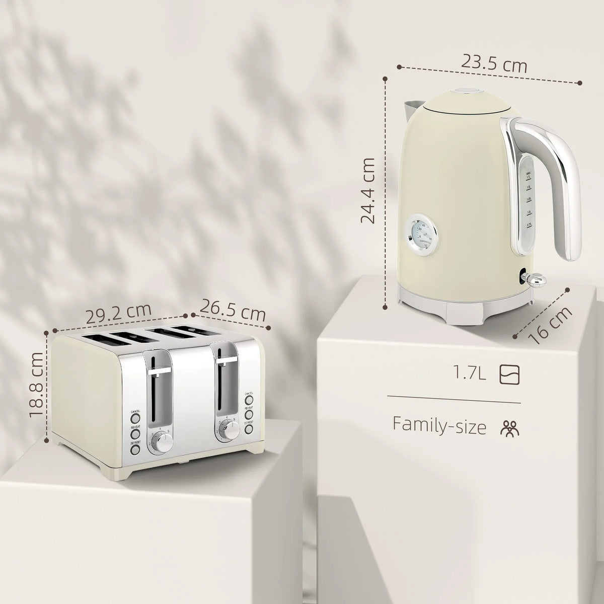 Cream electric kettle and two-slot toaster set with size measurement labels
