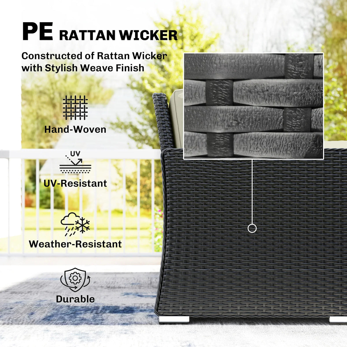Black PE rattan wicker panel with UV- and weather-resistant outdoor weave texture.
