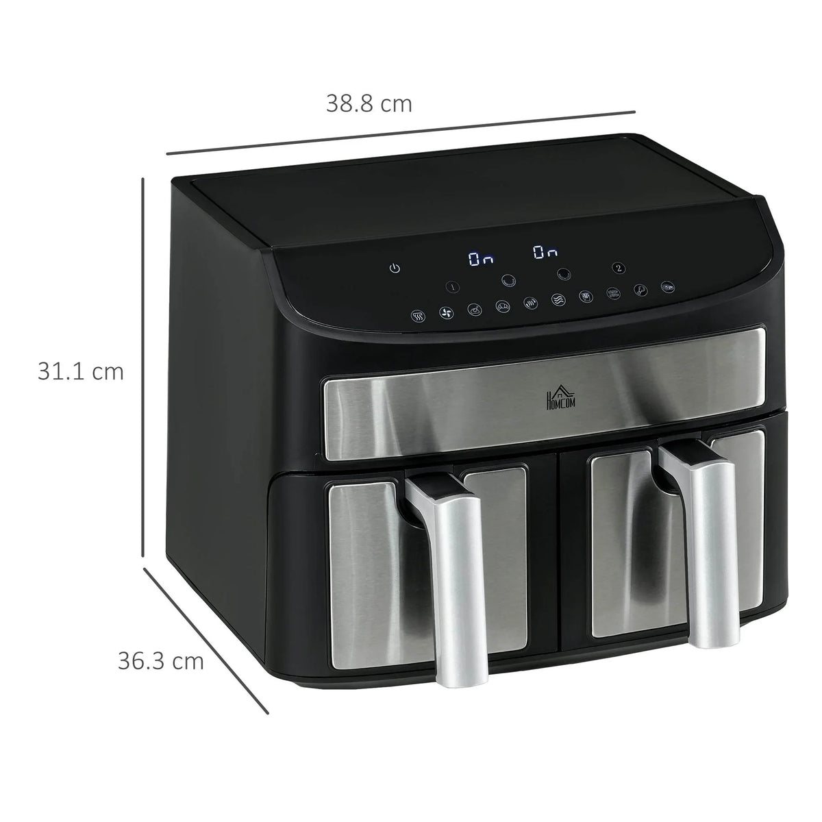 Dual-zone air fryer with two baskets, black body and stainless drawer fronts, with size guide