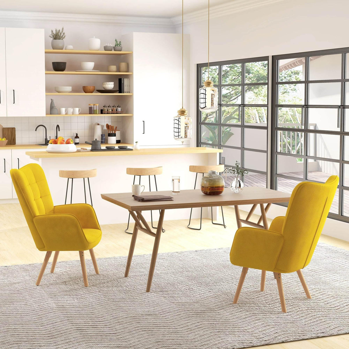Yellow wingback armchairs with diamond tufted backs and wooden legs, set of 2