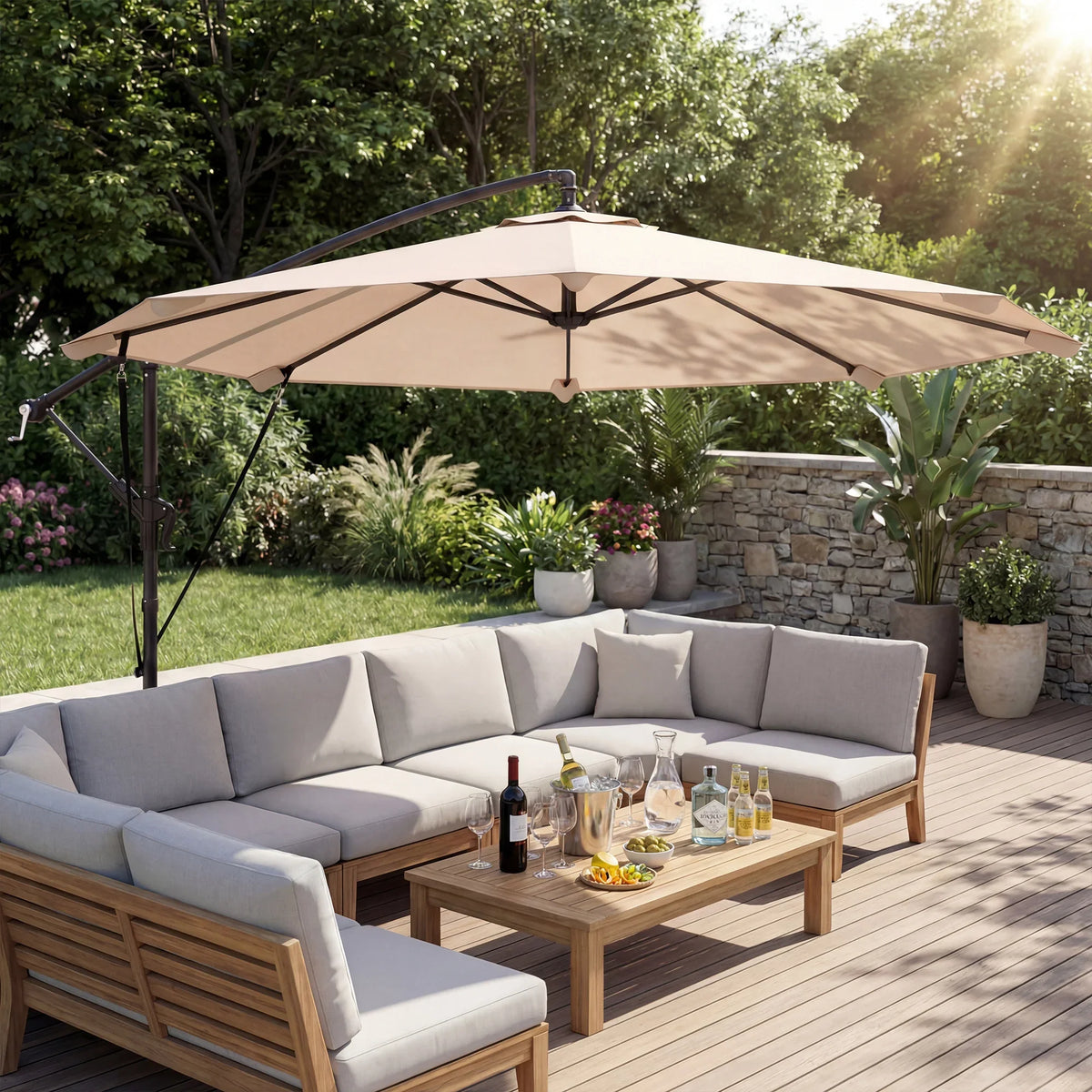 Khaki cantilever banana parasol open with centered support pole and umbrella canopy