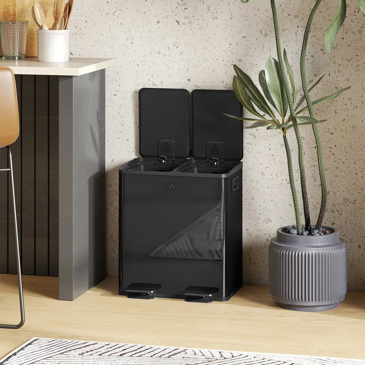 Glossy black dual-compartment foot pedal bin with two lids