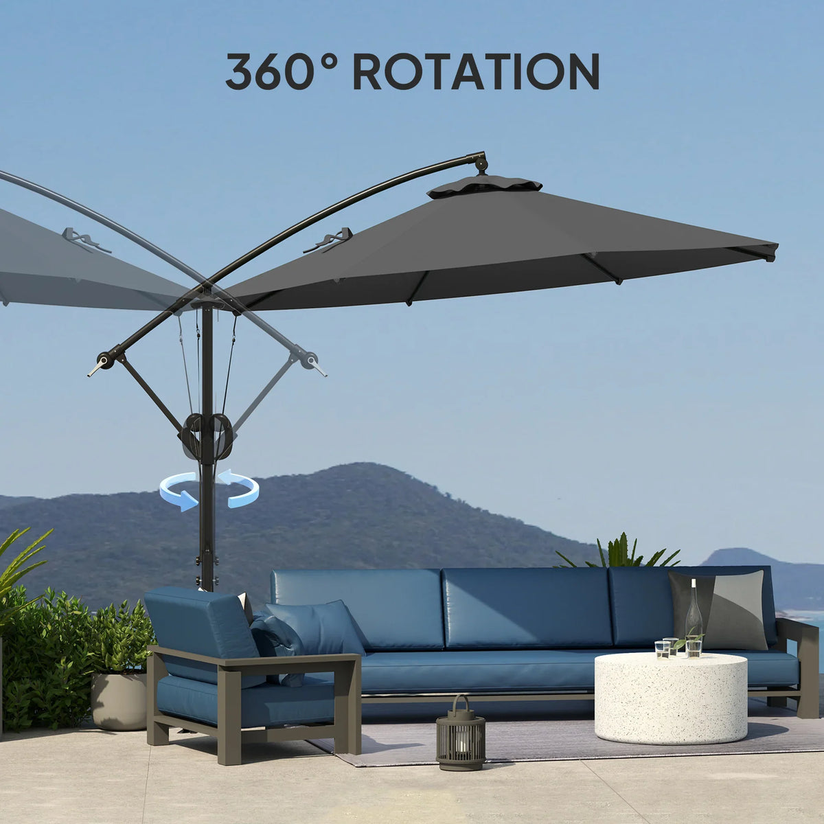 Grey cantilever patio parasol with 360° rotating support frame