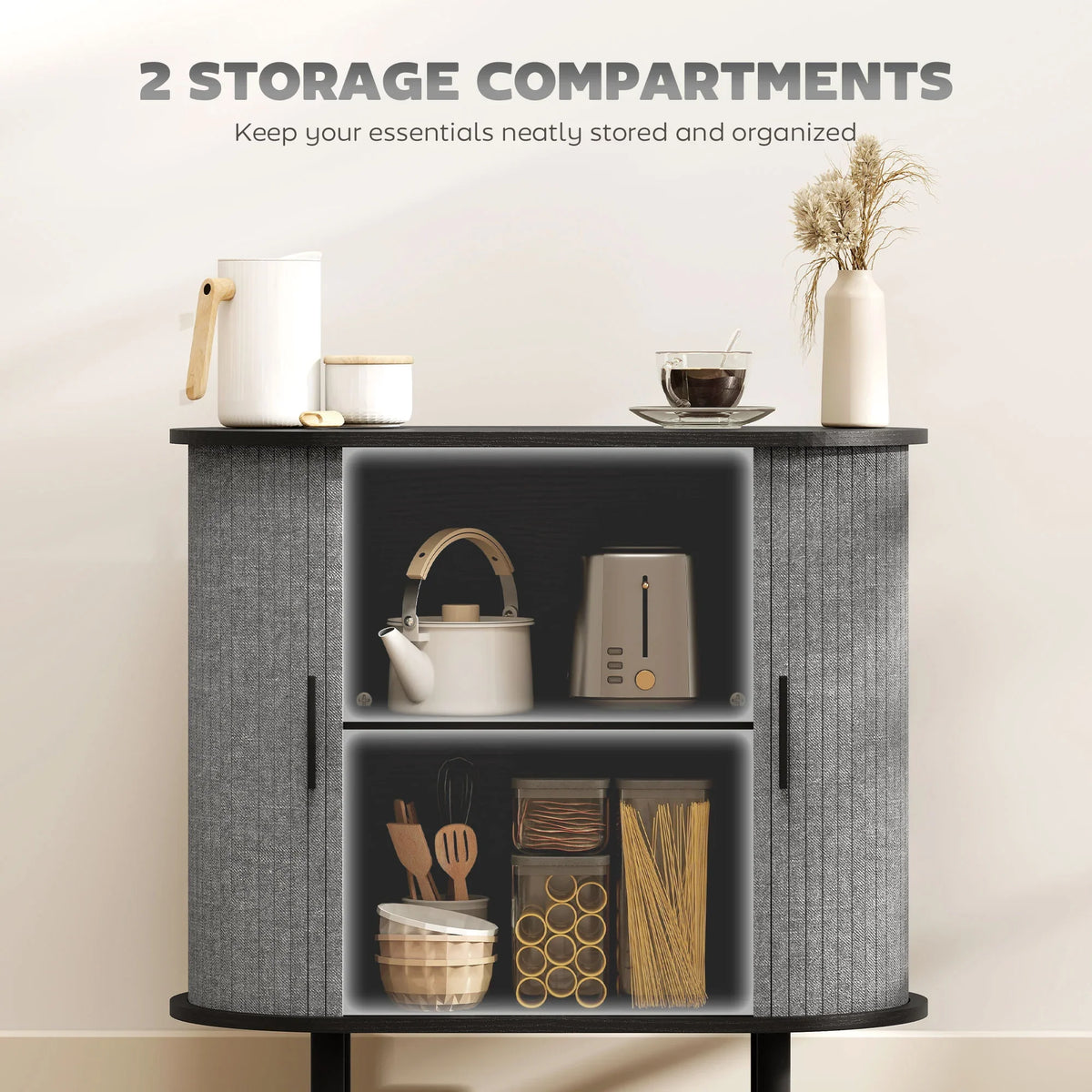 Grey rounded sideboard with two storage compartments, fluted doors, open shelves