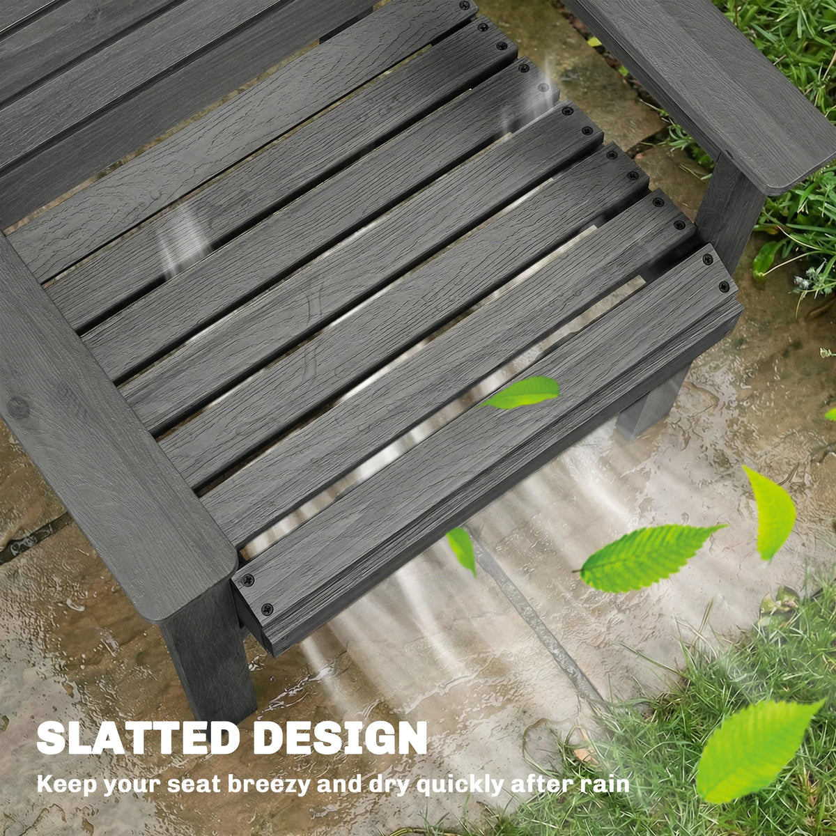 Close-up of grey slatted seat and back on outdoor wooden chair with water-resistant surface