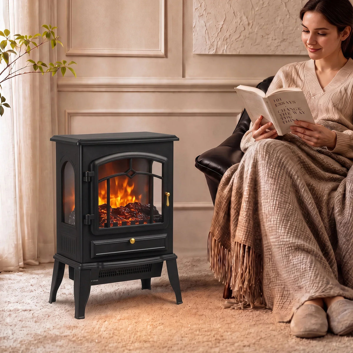 3-sided electric fireplace heater, dark gray with glowing flame effect behind glass